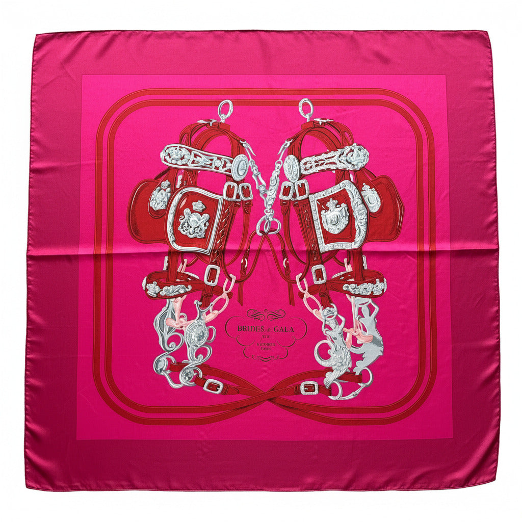 Châle Hermès 140 cm Brides de Gala en soie plume - Motif équestre classique, couleur fuchsia et rouge.