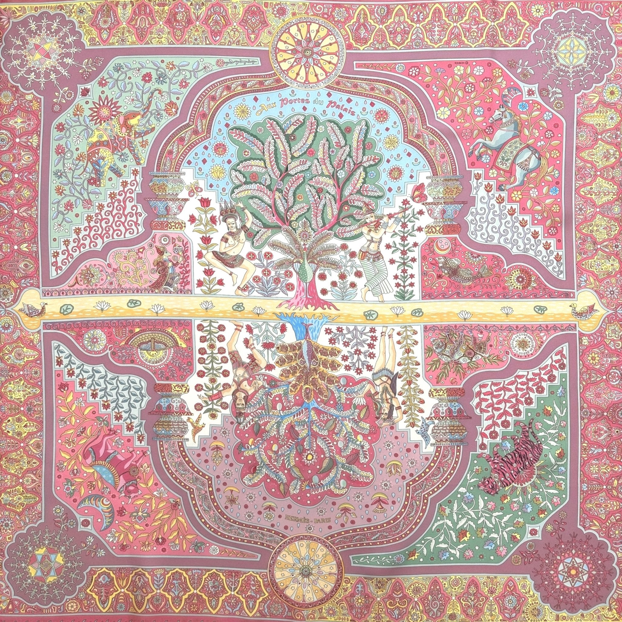 foulard carre hermes aux portes du palais rose dessin de deux arbres