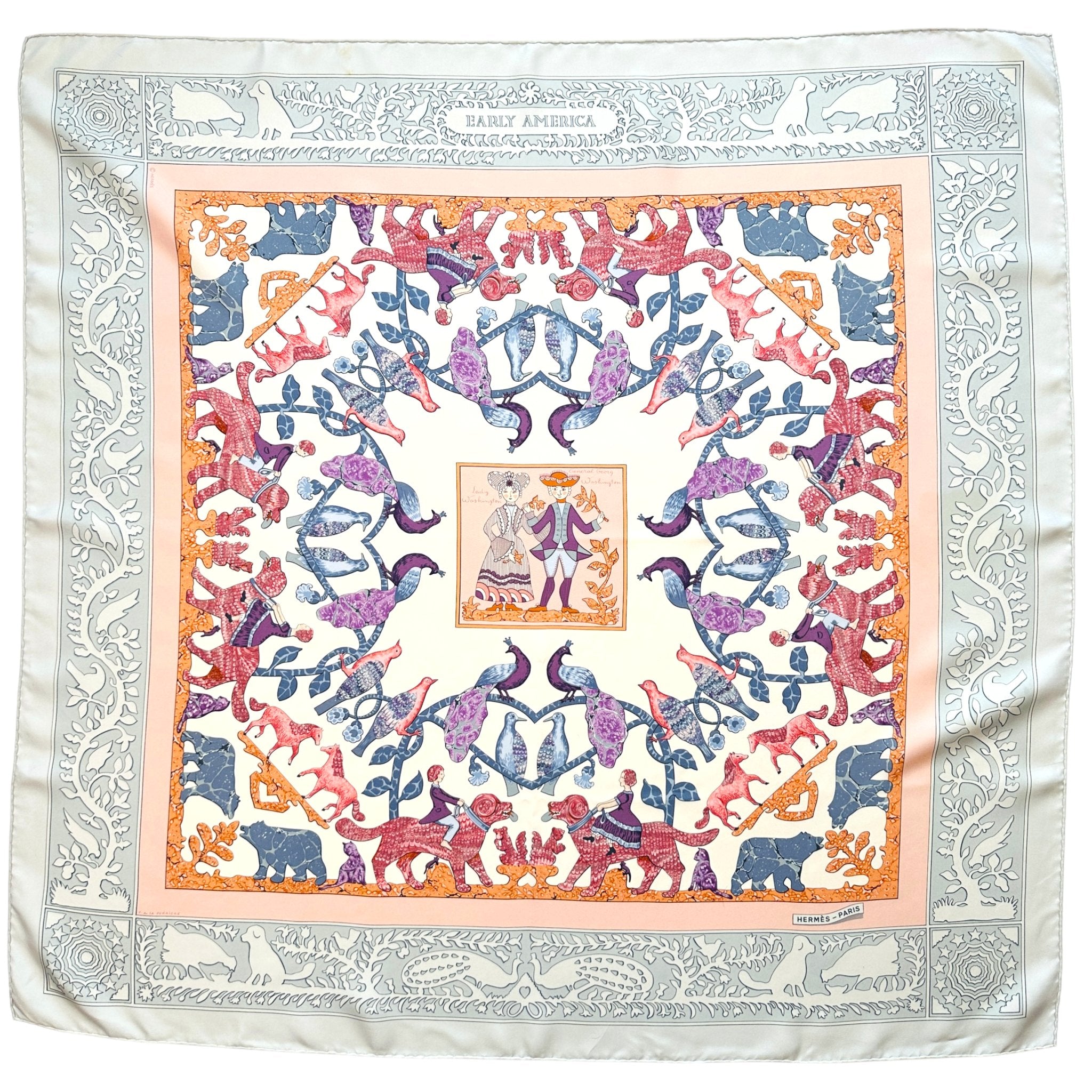 foulard hermes early america avec le couple martha et george washington en son centre