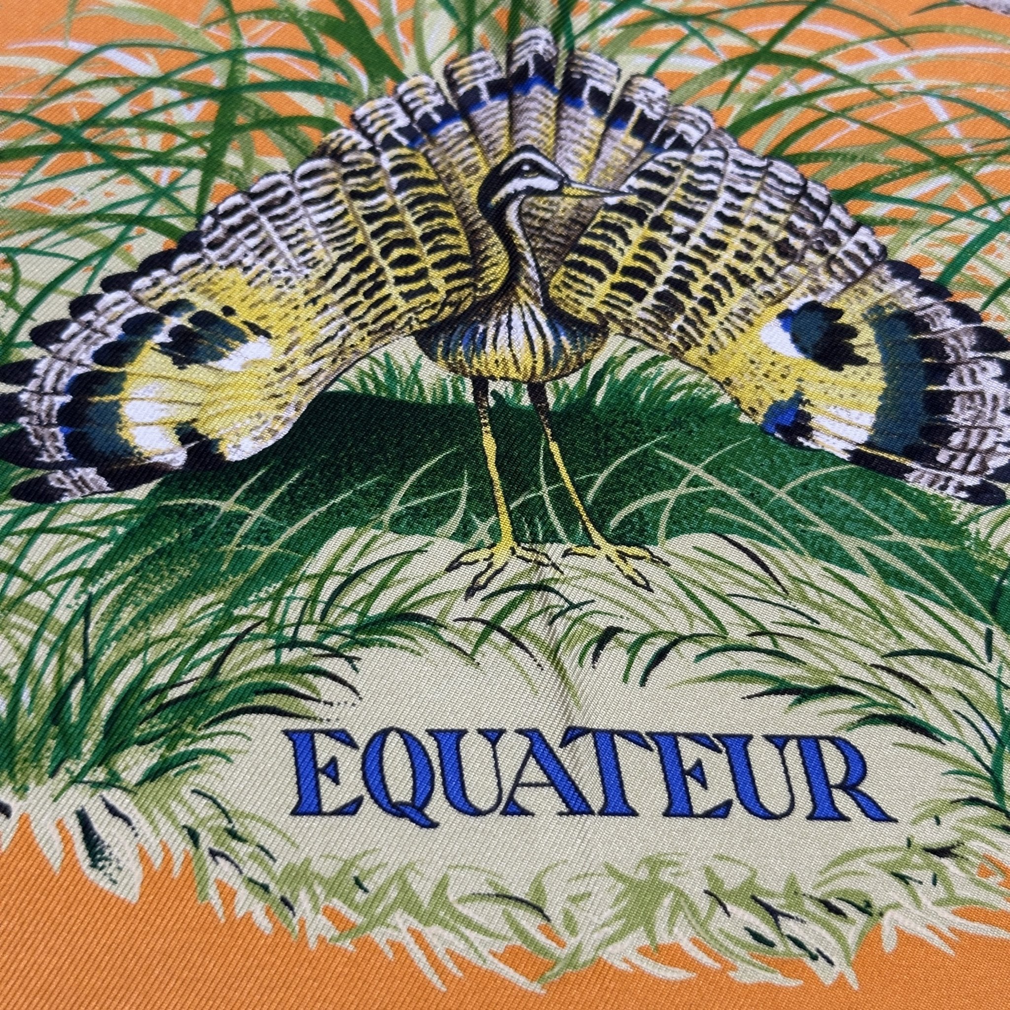 foulard hermes carre equateur modele wash de couleur orange dessin detail paon