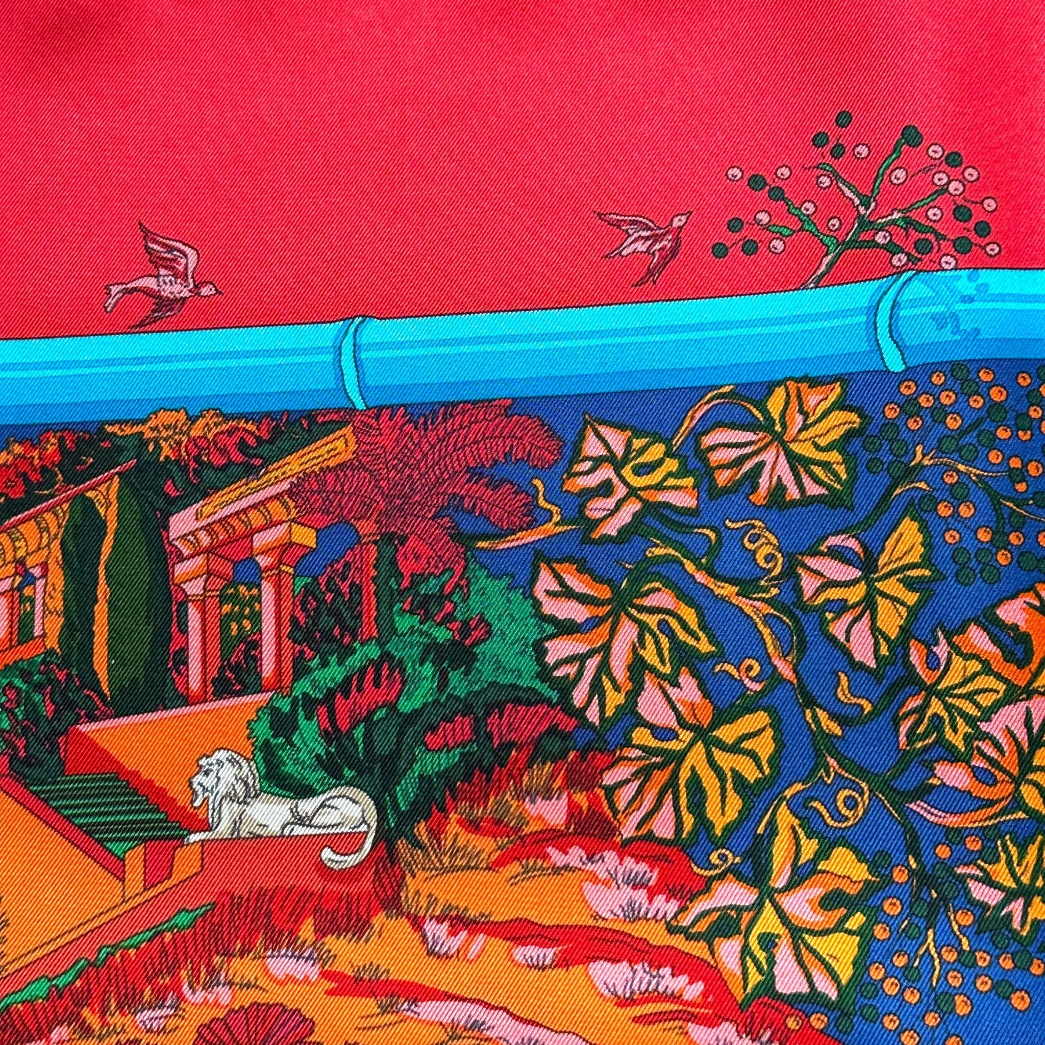 détail d'oiseaux et de plantes sur le foulard carre hermes jardins d hiver