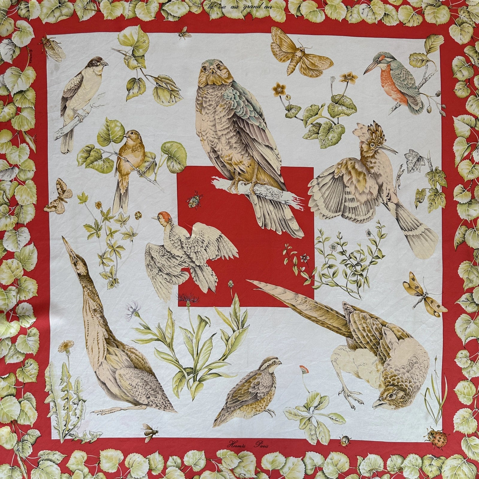 Carré Hermès La Vie au grand air – détail de la bordure rouge et feuillage vert