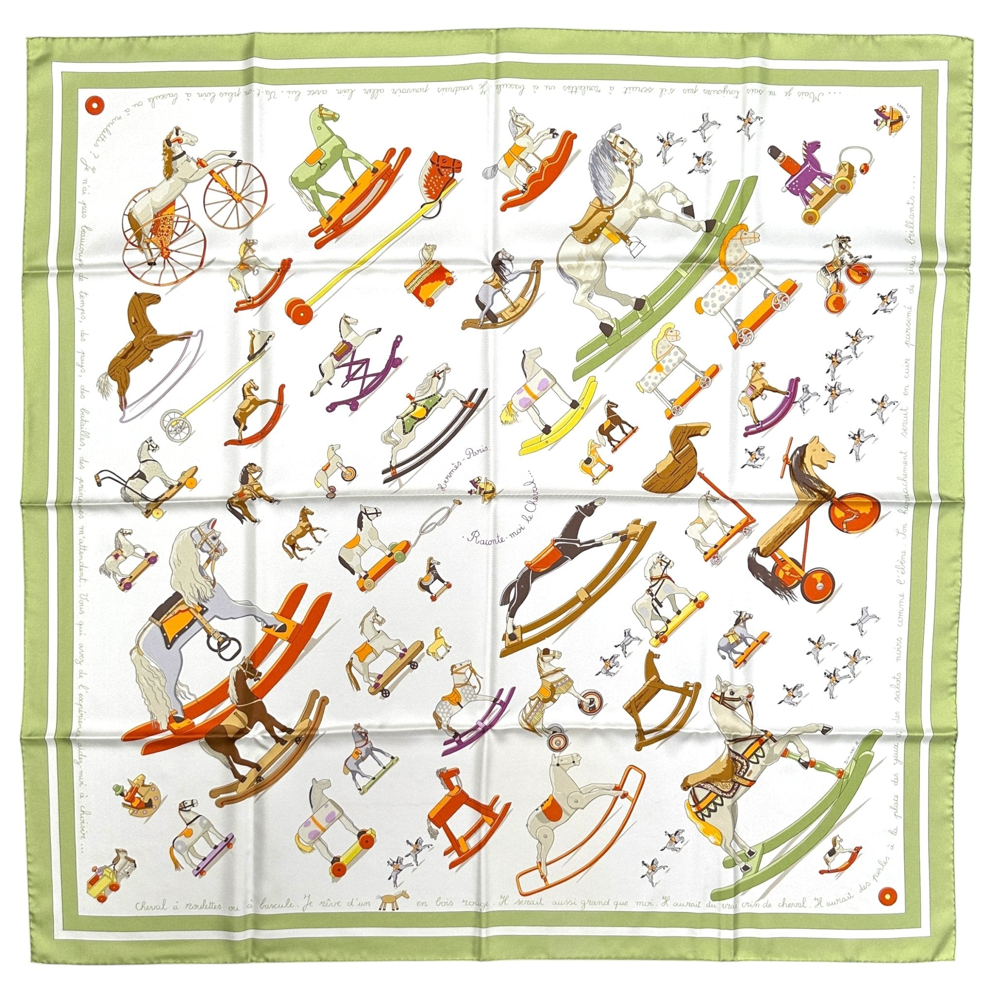 foulard hermes carre raconte moi le cheval vert sur fond blanc
