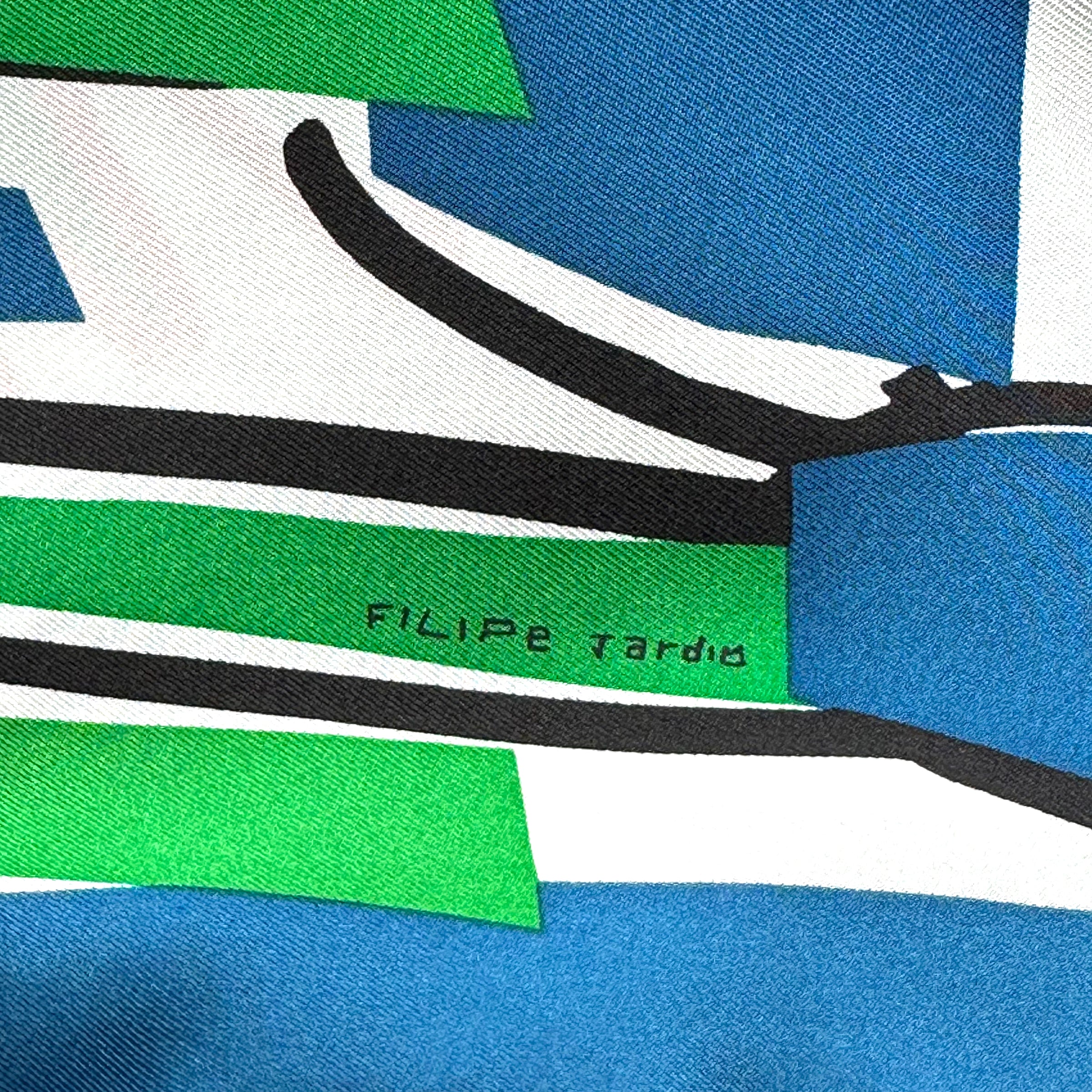 Sea, Surf &amp; Fun designed by Filipe Jardim - Hermès scarf 90cm - 100% silk - blue
