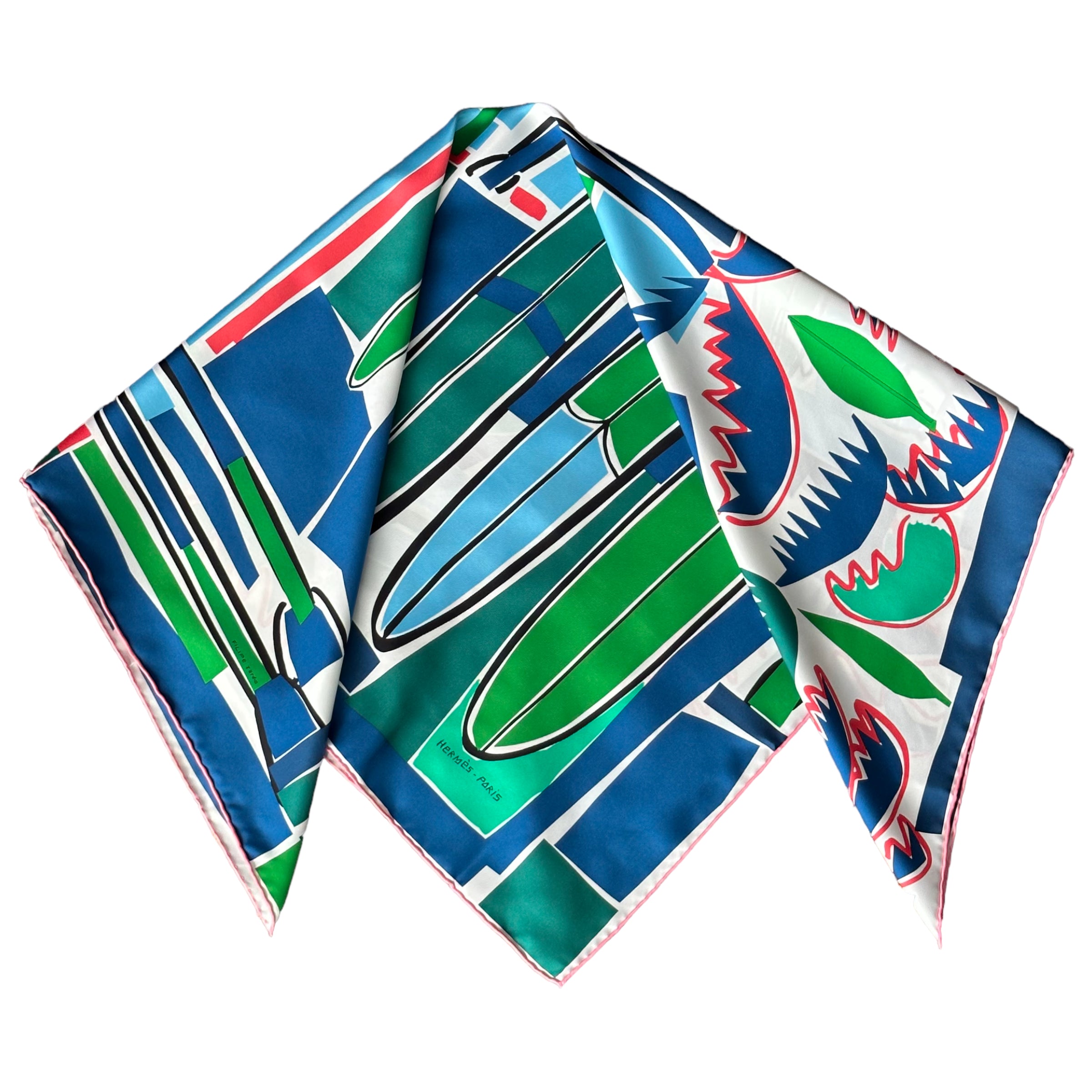 Sea, Surf &amp; Fun designed by Filipe Jardim - Hermès scarf 90cm - 100% silk - blue