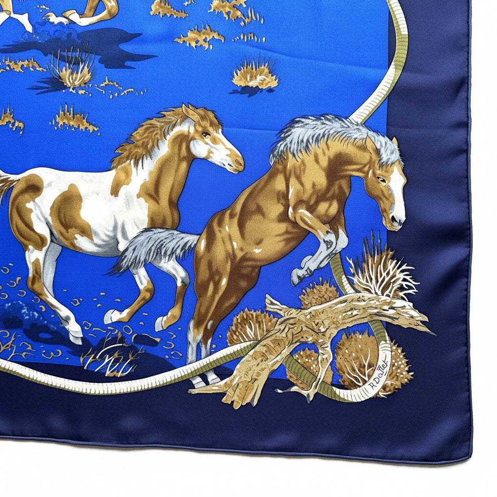 Détail du châle Hermès Les Mustangs 140 cm montrant deux chevaux en mouvement sur fond bleu avec signature R. Dallet intégré au dessin