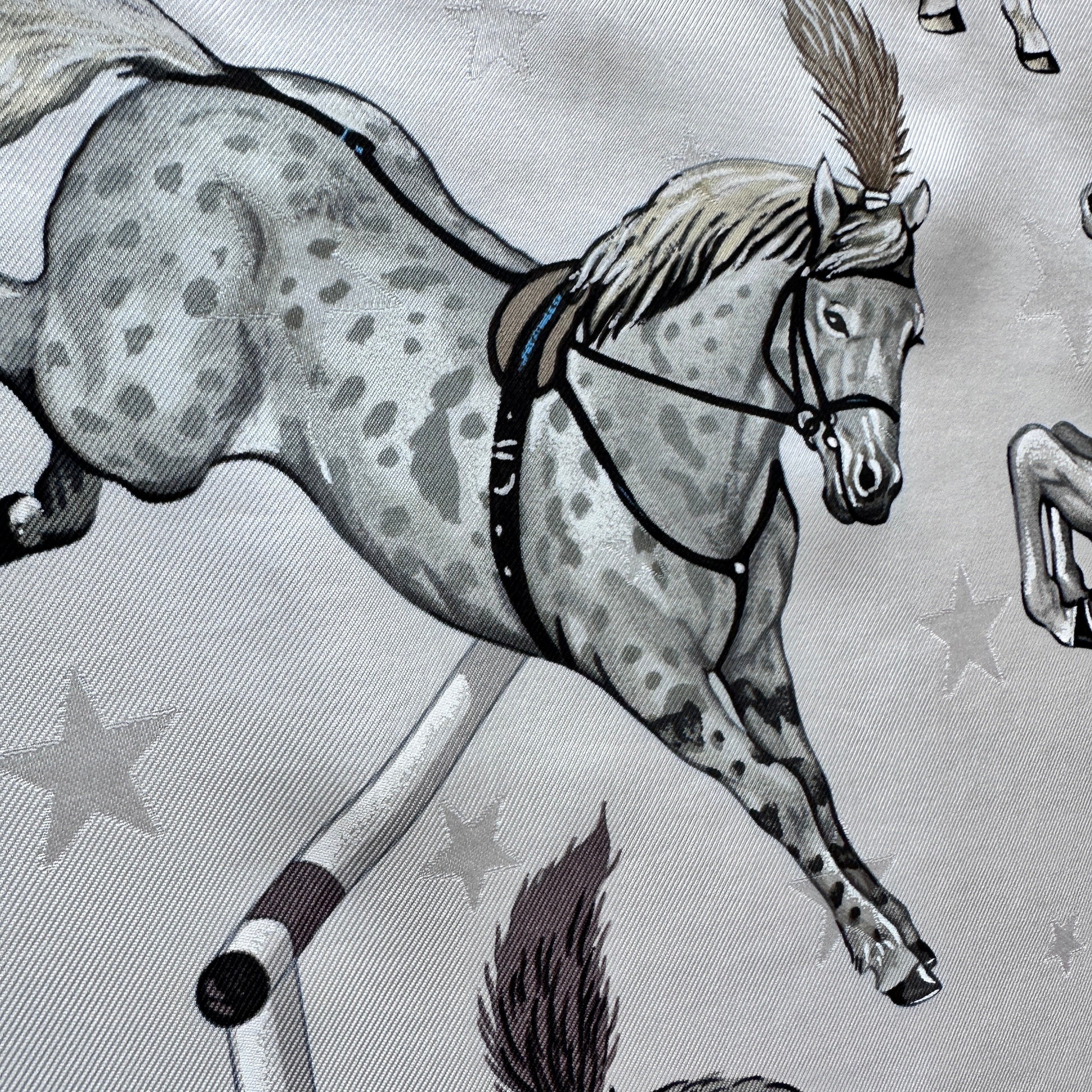 Illustration dynamique d'un cheval blanc sautant une barre d'obstacle.