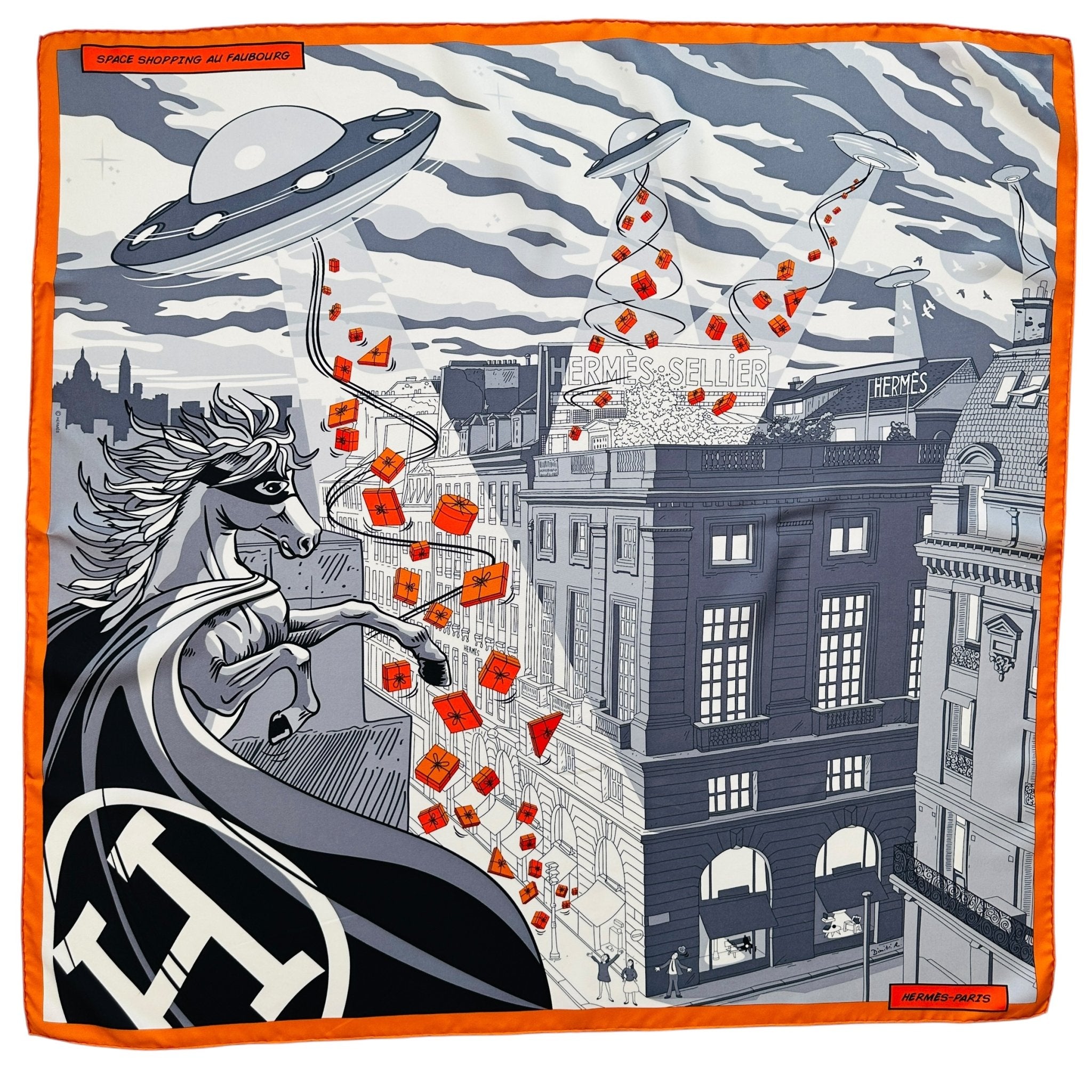 foulard hermes carre 90 cm space shopping au faubourg gris et orange